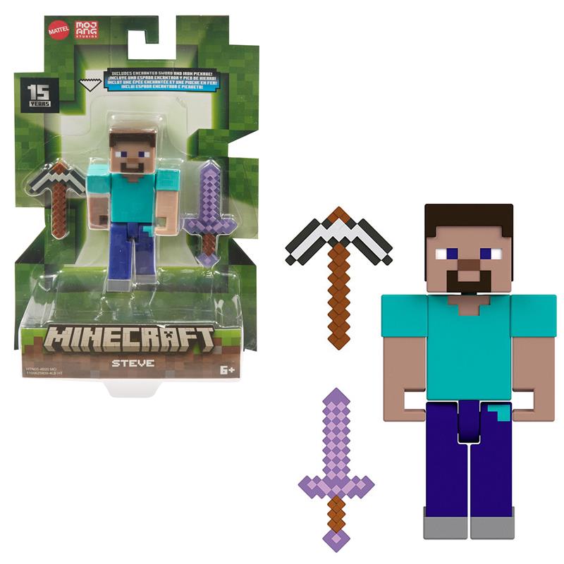 Minecraft figura de ação Steve com espada e pico