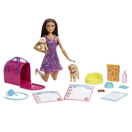 Boneca Barbie adota cãezinhos vestido roxo