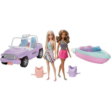 Barbie conjunto duas bonecas com iate e carro