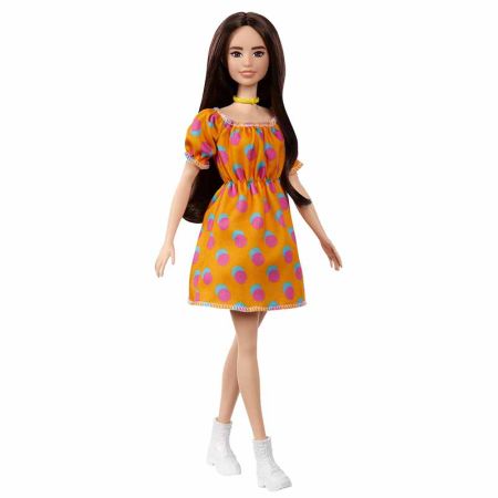 Boneca Barbie Fashionista morena vestido sem ombro