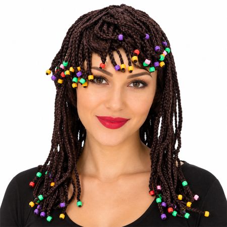 Peruca castanha com tranças adulto Carnaval
