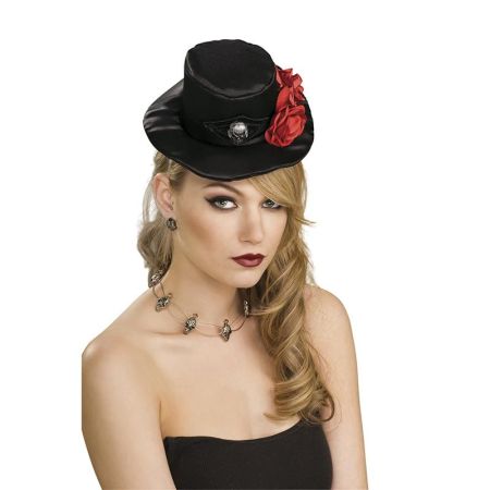Mini Chapéu gótico negro com rosas vermelhas