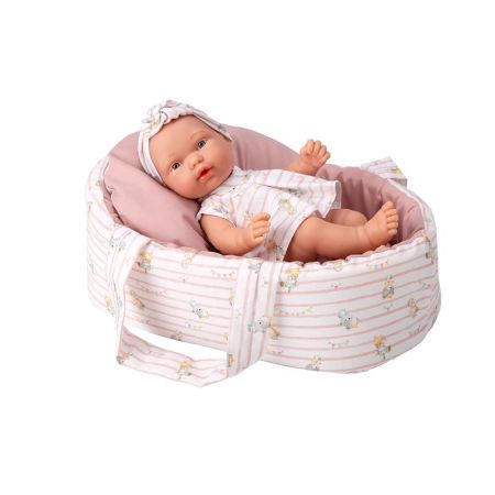 Bebés pillines 26 cm rosa vinyl com alcofa e tule