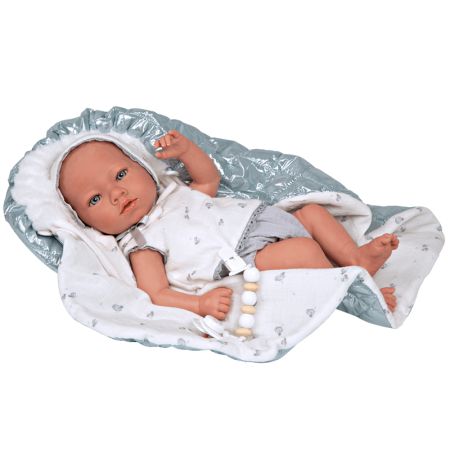 Bebé Reborn 38 cm Borja cinza vinil com manta