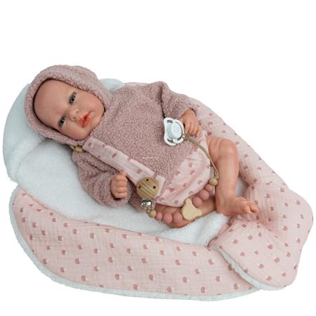 Bebé reborn 40 cm Ariel rosa com manta ninho