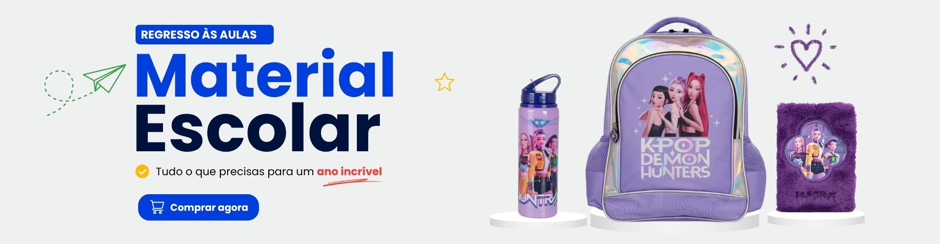 Ver catálogo completo de material escolar Banner do catálogo completo de material escolar com mochilas, estojos, lancheiras e garrafas para o regresso às aulas