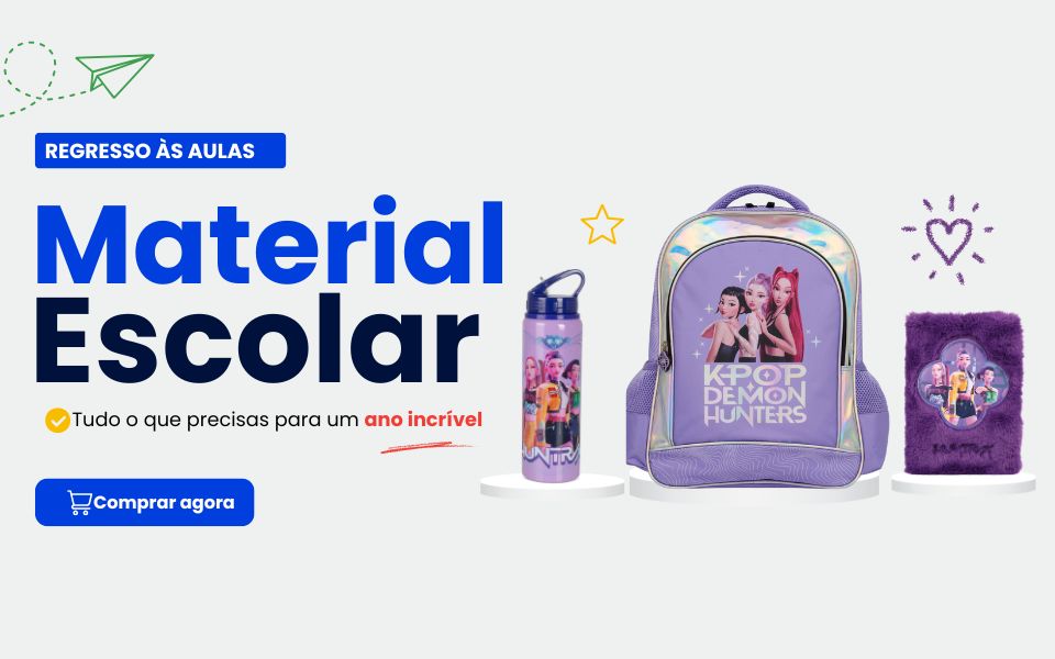 Ver catálogo completo de material escolar Banner do catálogo completo de material escolar com mochilas, estojos, lancheiras e garrafas para o regresso às aulas