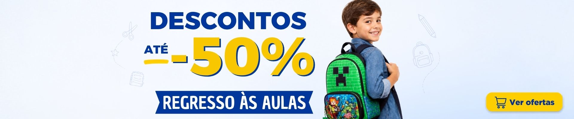 Ver catálogo completo de material escolar com desconto Banner do catálogo completo de material escolar com mochilas, estojos, lancheiras e garrafas para o regresso às aulas em promoção